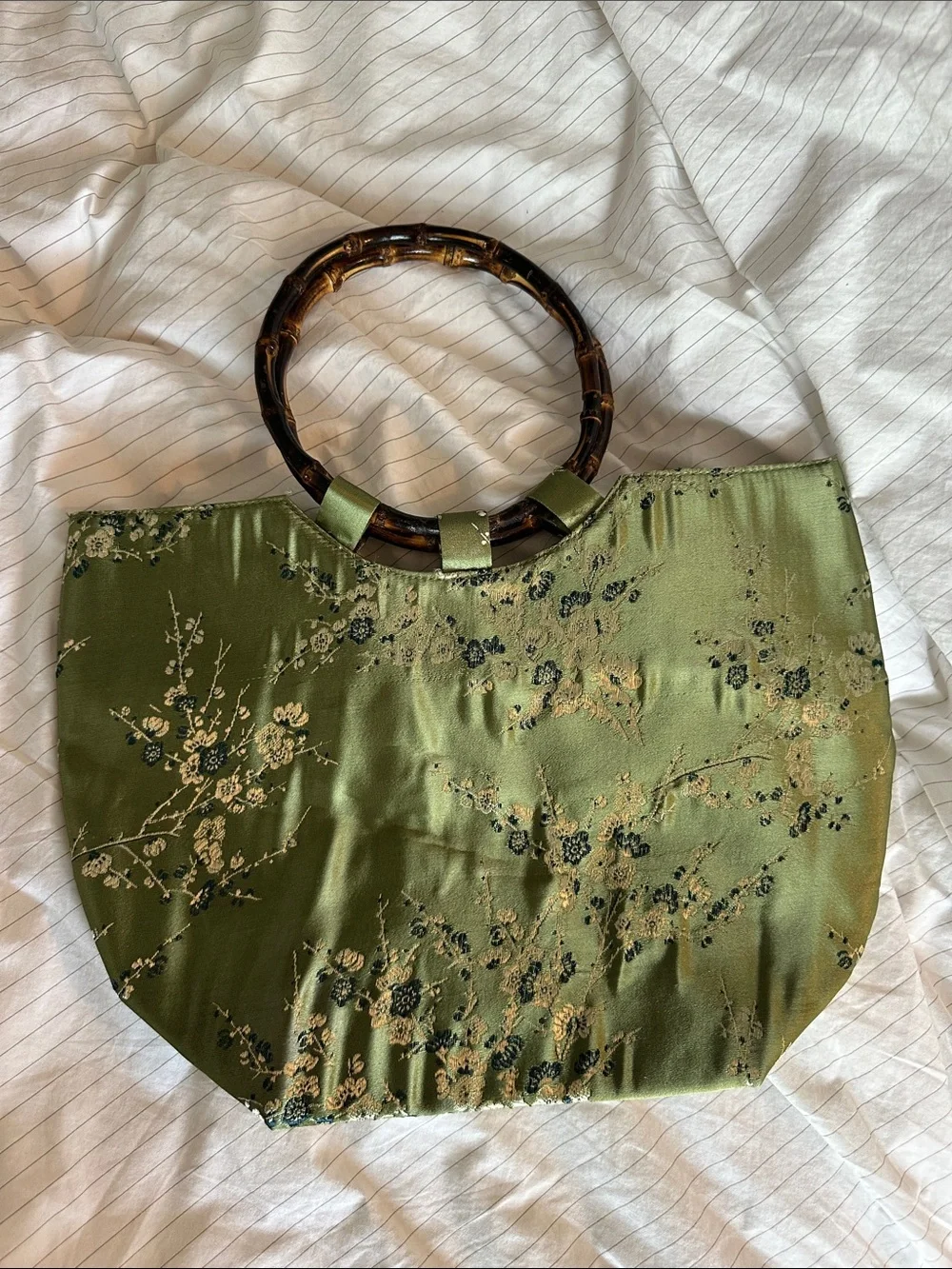 Vintage Green Brocade Floral Satin Tote Bag with Bamboo Handles